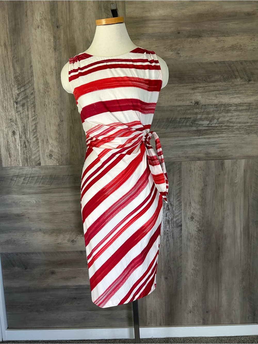 Adolfo Dominguez Red & White Striped Tie-Side Midi Dress